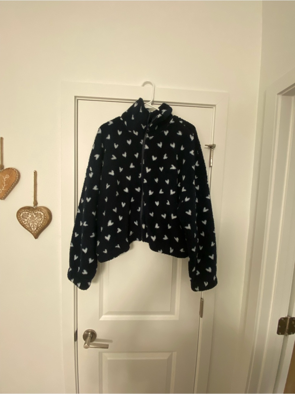 Hippie Rose Black Fuzzy Zip Jacket with White Heart Accents